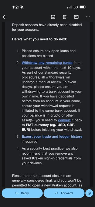 A mobile screenshot of an email from Kraken cryptocurrency exchange stating 'Deposit services have already been disabled for your account,' outlining steps including withdrawing funds and converting crypto to fiat currency.