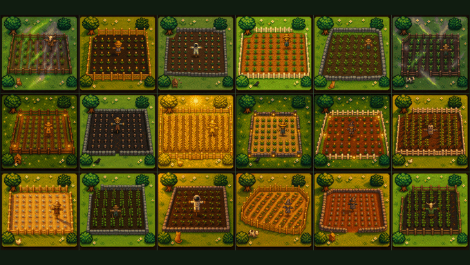 A grid of 18 isometric video game farm plots, each showing different crops, fences, scarecrows, and farming activities.