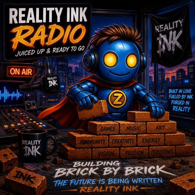 The image features a cartoon robot with a big smile and a cape, sitting behind a brick wall that says "Building Brick by Brick" written on it. The robot appears to be smiling as if it's ready for an interview or a radio show. In front of the robot, there is a coffee cup and a microphone, suggesting that they are set up for a radio program or an interview with the cartoon character. The image also includes text related to Reality INK Radio, which indicates that this scene might be part of a promotional campaign or an advertisement for the radio show.