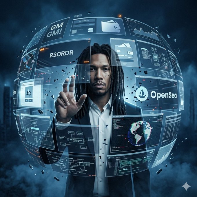 A digitally composed image of a man with dreadlocks surrounded by floating holographic interface screens, with the 'OpenSea' logo visible on one of the panels and 'GM!' displayed on another.