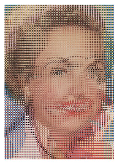 A stylized portrait of a smiling person rendered in a halftone dot pattern with vibrant colors.