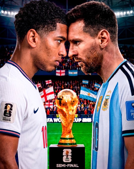 The image shows a face-off between an England player (Bellingham, #11) and Argentina's Messi (#10), with the FIFA World Cup 2026 trophy and "SEMI-FINAL" displayed between them, illustrating the high-stakes matchup that participants are being challenged to predict the score of in a $4,000 giveaway contest.