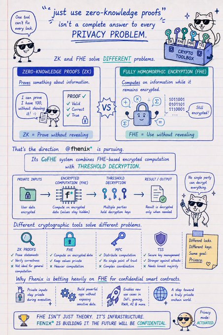 An illustrated educational infographic explaining the differences between Zero-Knowledge Proofs (ZK) and Fully Homomorphic Encryption (FHE) as privacy tools, credited to Fhenix.