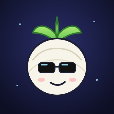 A digital illustration of a smiling cartoon character with a round white head, green leaves sprouting from the top, and small black sunglasses, set against a dark blue background with small dots.