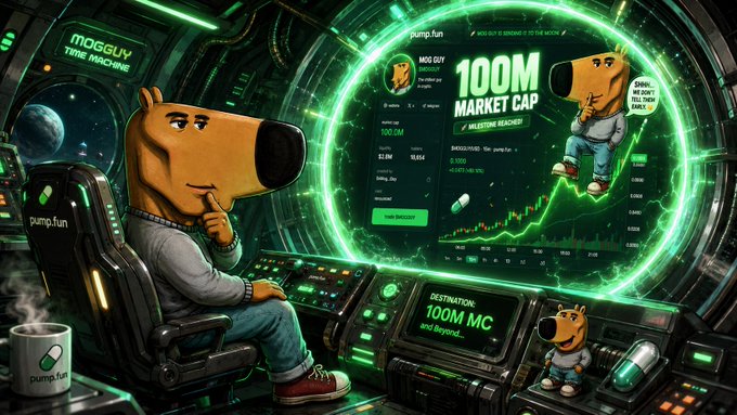 A digital illustration depicts a cartoon dog in a futuristic cockpit, with a screen showing 'pump.fun', 'MOGGU', and '100M MARKET CAP', alongside various charts and space elements.