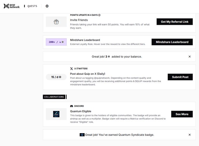 The image features a screenshot of a Quip network dashboard where several posts are displayed. The main focus is an article titled "Great job! QUIP: Did your @quipnetwork check-in today?", as well as other posts related to cryptocurrency or quip networks, and some social media accounts that might be interested in these topics. It seems like the Quip network has been discussed and it's captured in a screenshot for easy viewing.
