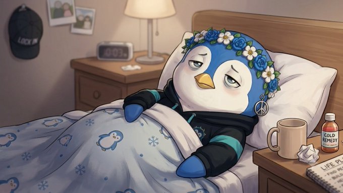 An illustration of a sad penguin character wearing a flower crown and a striped scarf, lying sick in bed with a digital clock reading '10:03', a mug, and a 'COLD REMEDY' bottle on the nightstand.