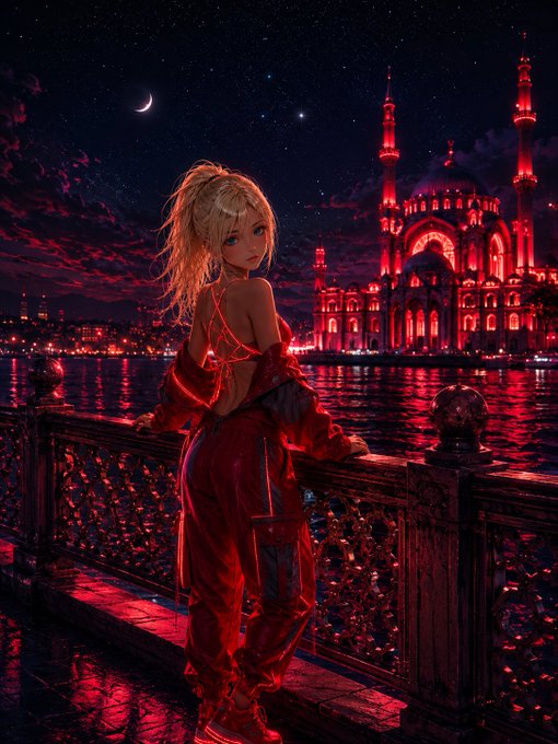 The image features a woman standing near a bridge, wearing red clothing and looking out over the water. The background of the image shows a city skyline with illuminated buildings, including a mosque that stands out due to its bright lights. The sky above is dark, suggesting nighttime or evening time. The overall atmosphere of the scene conveys a sense of tranquility and beauty as the woman enjoys her surroundings while contemplating the night view.