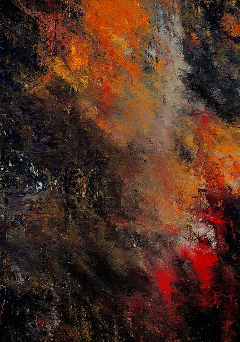 An abstract expressionist painting featuring a dark, textured background with vibrant splashes of orange, red, and white paint.