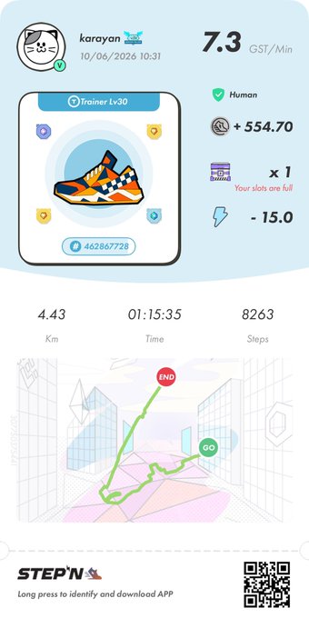 The image shows a step tracking app with a map of a city, which displays the user's progress during their run. The app also provides information about the runner's speed, distance traveled, and calories burned. It has a blue background with white text that includes details such as "Kanoyan" and "stepn", along with other relevant information.