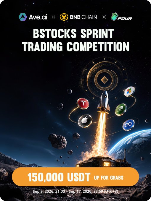 Promotional poster for the 'BSTOCKS SPRINT TRADING COMPETITION' by Ave.ai, BNB CHAIN, and FOUR, featuring a rocket launch graphic and offering 150,000 USDT in prizes from Sep 3 to Sep 17, 2026 (UTC+8).