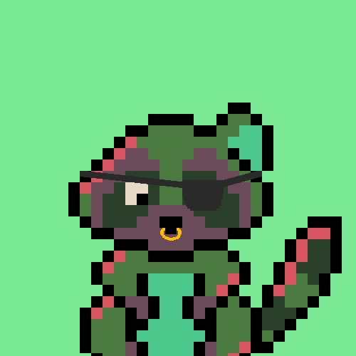 A pixel art illustration of a small green and purple character wearing an eye patch and glasses, set against a green background.