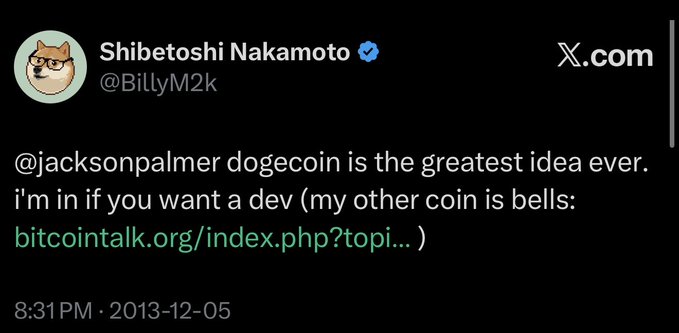 A tweet screenshot from Shibetoshi Nakamoto (@BillyM2k) on X.com dated Dec. 5, 2013, tagging @jacksonpalmer about dogecoin and linking to bitcoinstalk.org.