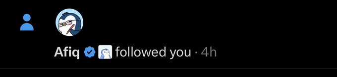 A notification from Afiq (@afiqpengu) showing they followed the user 4 hours ago, representing the legendary follow-back mentioned in the post celebrating his talent as the lead artist behind Pudgy Penguins.