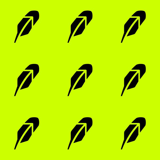 A bright yellow background with a repeating pattern of nine black stylized feather/leaf icons arranged in a 3x3 grid.