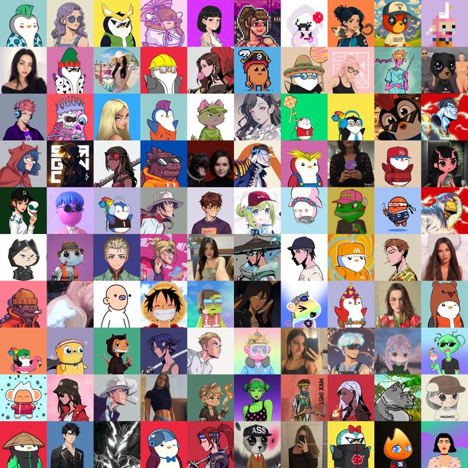 A dense 8x9 grid of diverse anime-style and cartoon profile pictures and avatars in a wide variety of bright colors.