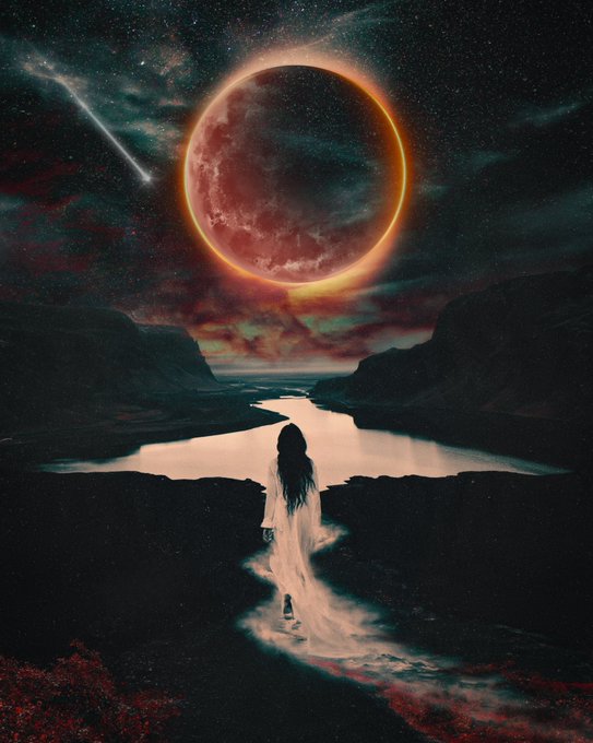 A digital artwork showing a figure in white walking through a river toward a large red moon and starry sky surrounded by dark mountains.