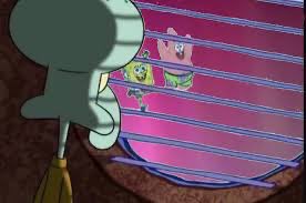 Squidward peers through the blinds at SpongeBob and Patrick dancing joyfully, reflecting the lonely, regretful perspective of someone watching others have fun at Singapore while staying behind on CT (likely Crypto Twitter or a similar context).