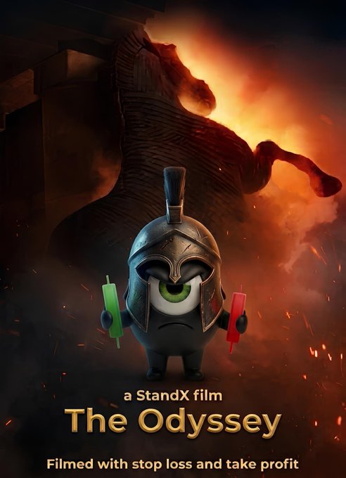 A movie poster titled 'The Odyssey' featuring an animated cyclops character in a Spartan helmet holding candles, with a large horse silhouette in a fiery background and the tagline 'Filmed with stop loss and take profit.'