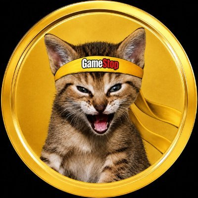 A tabby kitten wearing a yellow GameStop headband with an open-mouthed expression, displayed inside a gold circular frame on a black background.