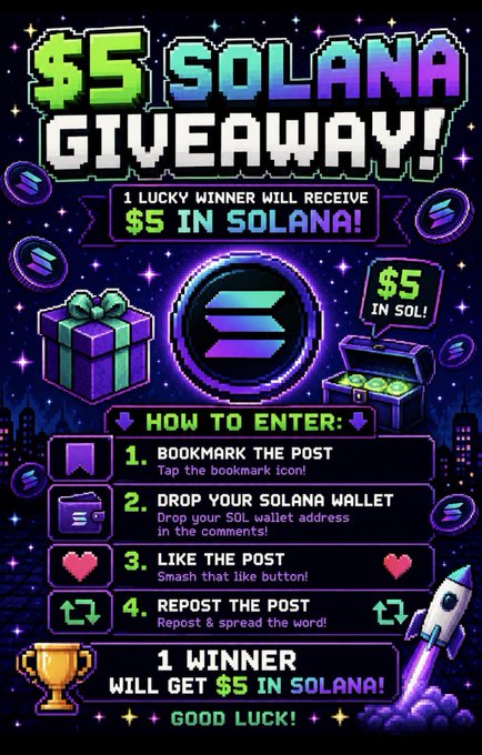 A pixel-art style giveaway graphic advertises a "$5 SOLANA GIVEAWAY!" with instructions to bookmark, comment, like, and repost the post, complementing the accompanying post about a $5 $SOL giveaway requiring all tasks to be completed within 45 minutes.