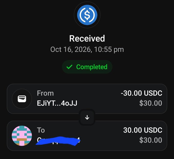 Mobile crypto transaction confirmation screen showing a 'Received' USDC transfer of 30.00 USDC marked as Completed, sent from wallet EJiYT...4oJJ.