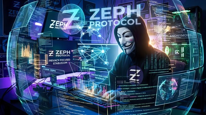 Promotional graphic for ZEPH PROTOCOL featuring an Anonymous-mask figure at a computer with holographic displays showing privacy-focused stablecoin and decentralized reserve information.