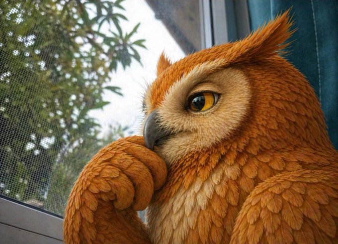 A close-up of a detailed brown owl figurine or sculpture looking out a window, with green foliage visible through the mesh outside.