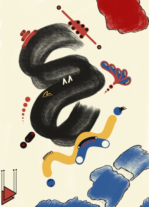 An abstract art piece featuring a bold black serpentine brushstroke surrounded by red, blue, and yellow geometric shapes and squiggles on a cream background.