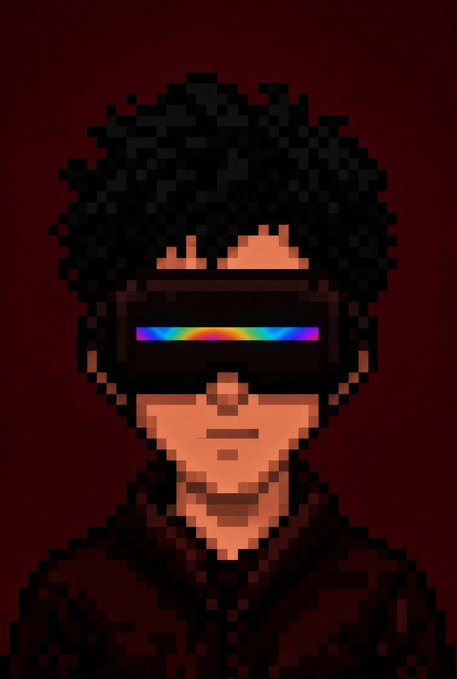 Pixel art portrait of a person with curly black hair wearing rainbow-lensed VR-style goggles against a dark red background.