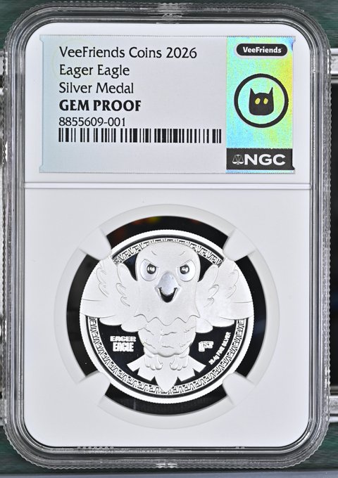 A graded NGC silver 'Eager Eagle' coin from the 'VeeFriends Coins 2026' collection, certified GEM PROOF with serial number 8855609-001.