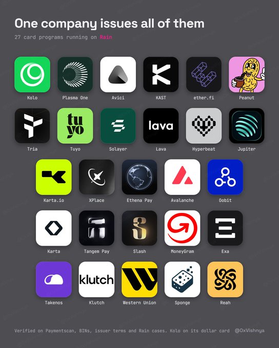 An infographic titled 'One company issues all of them' displays a grid of 27 card program logos running on Rain, including Kolo, Plasma One, Avicii, KAST, Tuyo, and others.