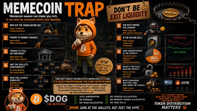 An infographic titled 'MEMECOIN TRAP' warning about token distribution and exit liquidity, featuring a Dogecoin mascot and the text 'DYOR - LOOK AT THE WALLS, NOT JUST THE HYPE'.