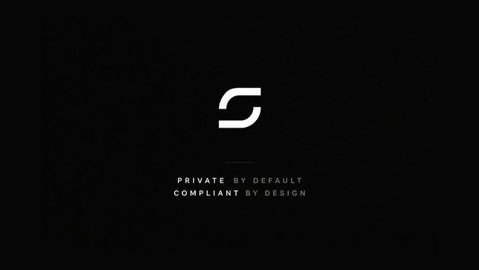 A dark, minimalist screen displaying a white 'S'-shaped logo with the tagline 'PRIVATE BY DEFAULT / COMPLIANT BY DESIGN' beneath it.