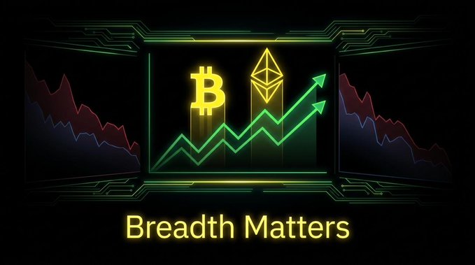 The image features a digital graphic displaying Bitcoin (₿) and Ethereum (Ξ) logos alongside a rising green chart, with the text "Breadth Matters" prominently displayed at the bottom, emphasizing the post's message that despite Bitcoin and Ethereum's strength, broader altcoin market participation remains weak.