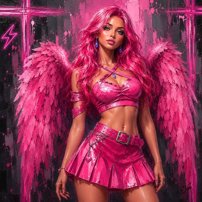 A vibrant digital artwork of a woman with long pink hair, large pink feathered wings, and a metallic pink crop top and pleated skirt, set against a dark, splattered background with a neon lightning bolt.