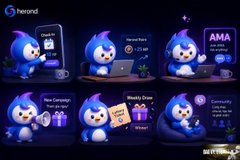 A promotional graphic for 'beyond' featuring six cartoon blue mascot characters showcasing features like 'AI Trade Bot,' 'AMA,' 'Next Campaign,' 'Weekly Event,' and 'Community.'