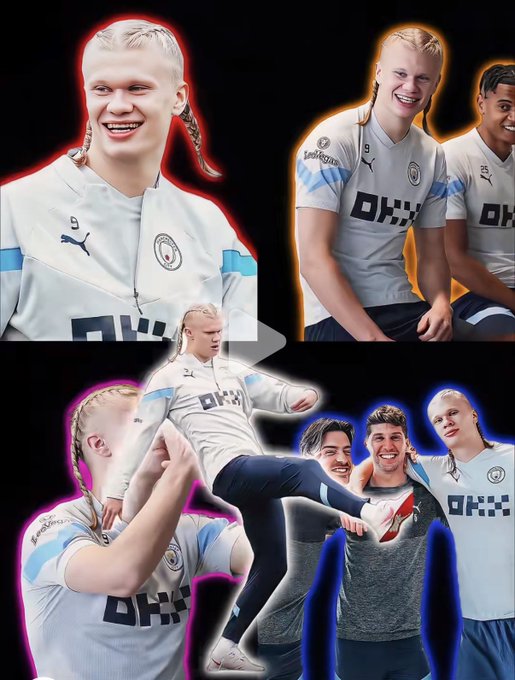 A collage shows multiple images of Erling Haaland in a Manchester City jersey with the sponsor 'OKX' alongside his teammates.