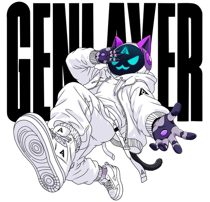 An illustration of a stylized cat character wearing a white tracksuit and futuristic headset, with glowing cyan eyes and purple cat ears, is set against bold black text reading 'GEMINAWER'.