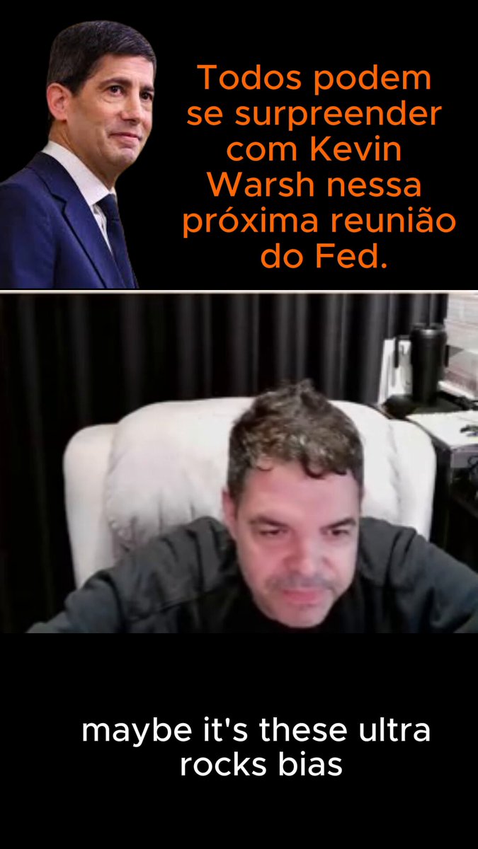 The image shows two photos of a man sitting in chairs, with one photo being a close-up of Kevin Warsh's face and the other showing him against a black background. The caption for the image reads "Todos podem se surpreender com Kevin Warsh nessa próxima reunião do Fed. #FED #KevinWarsh #bitcoin". This suggests that there is some connection between the man in the photos and the post about Bitcoin, possibly indicating a discussion or comparison related to cryptocurrency.