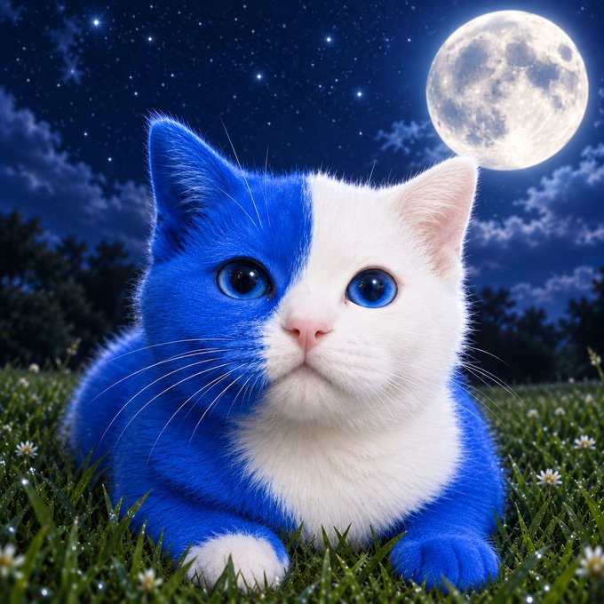 A digitally created kitten with half blue and half white fur sits in a grassy field under a starry night sky with a full moon.