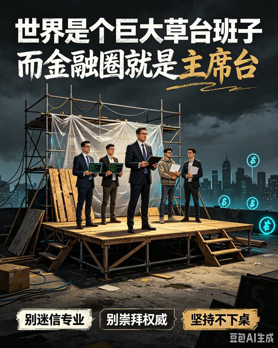 An AI-generated poster (豆包AI生成) featuring men in business attire standing on a scaffolding stage with a city skyline backdrop, accompanied by Chinese text reading '世界是个巨大草台班子 而金融圈就是主席台' and additional slogans at the bottom.