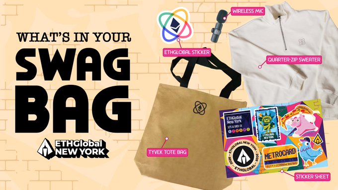 The image features a poster for an event related to EthGlobal New York, which appears to be a swag bag giveaway. The poster includes various items such as a white sweatshirt with a black zipper, a brown tote bag, stickers, and other accessories. The text on the poster reads "What's in your SWAG Bag" and "ethglob.al/T5IHQJSP32". The event is scheduled for June 12-14, and there is an application deadline of May 29th.