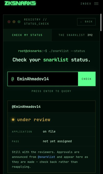 A dark terminal-style interface for "ZKSMARKS" showing a "CHECK MY STATUS" page for user @EminAhmadov14, with the result displayed as "under review," application "on file," and pass "not yet assigned."
