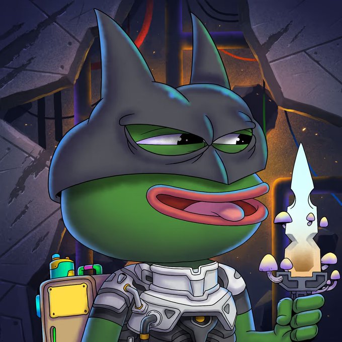 Digital artwork of a green frog character wearing a dark bat-eared mask and futuristic armor, holding a glowing crystal-like blade.