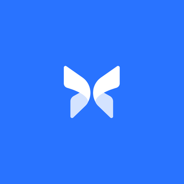 A blue square logo featuring a stylized white letter 'M' or wing-like design.