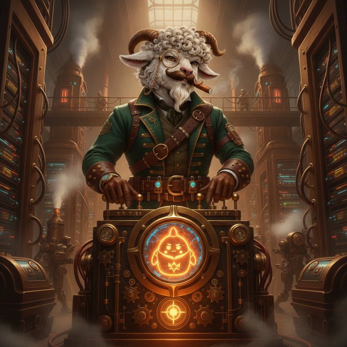 The image features an illustration of a man dressed as a goat with horns wearing a green jacket and holding a pipe. The man appears to be driving a steam-powered machine or vehicle, which has a circular window at its center that emits a bright orange light. There are other people in the background who seem to be engaged in conversation or observing something happening around them. The overall atmosphere of the image suggests an ongoing event or gathering where the goat character is actively participating and interacting with others.