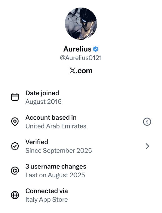 A screenshot of a Twitter/X profile for verified user "Aurelius" (@Aurelius0121) shows an account based in the United Arab Emirates that joined in August 2016 and has had 3 username changes, satirizing the "Avg solana user" caption by highlighting how many crypto/degens frequently cycle through new usernames to maintain anonymity or rebrand online.