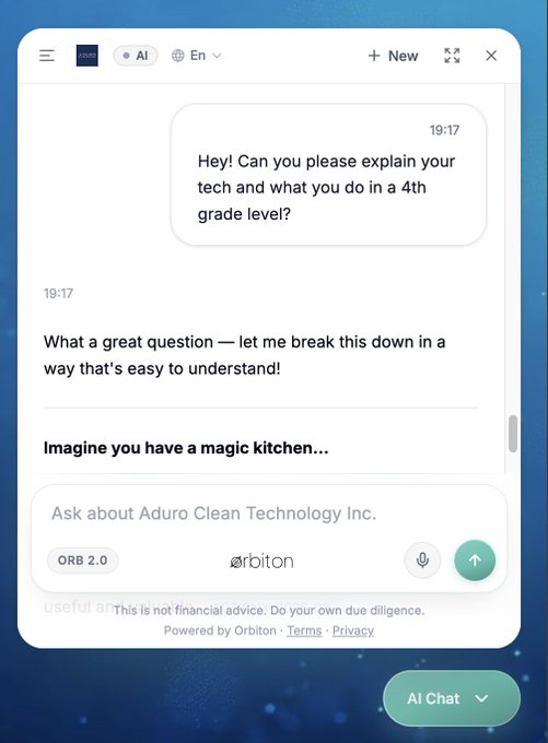 An AI chatbot interface from Orbilon is responding to a user's question about explaining tech at a 4th grade level, using a 'magic kitchen' analogy.