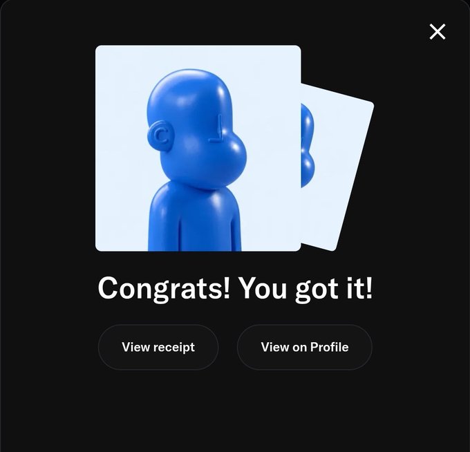 A digital interface showing two overlapping cards featuring a blue 3D cartoon character, with the text 'Congrats! You got it!' and buttons reading 'View receipt' and 'View on Profile' below.